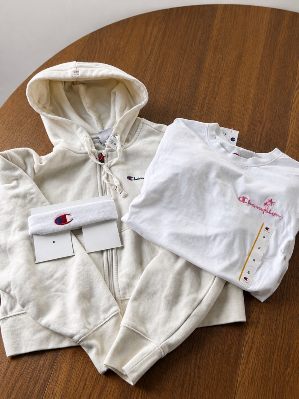 Champion 3PC Bundle Hoodie + Tee + Headband White Pink‎ Logo Set Size Small NWT